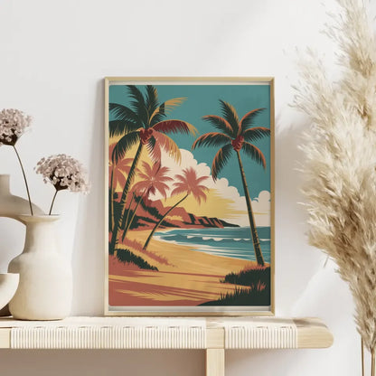 Vintage Hawaii Poster mit Retro Vektorillustration von Strand und Palmen