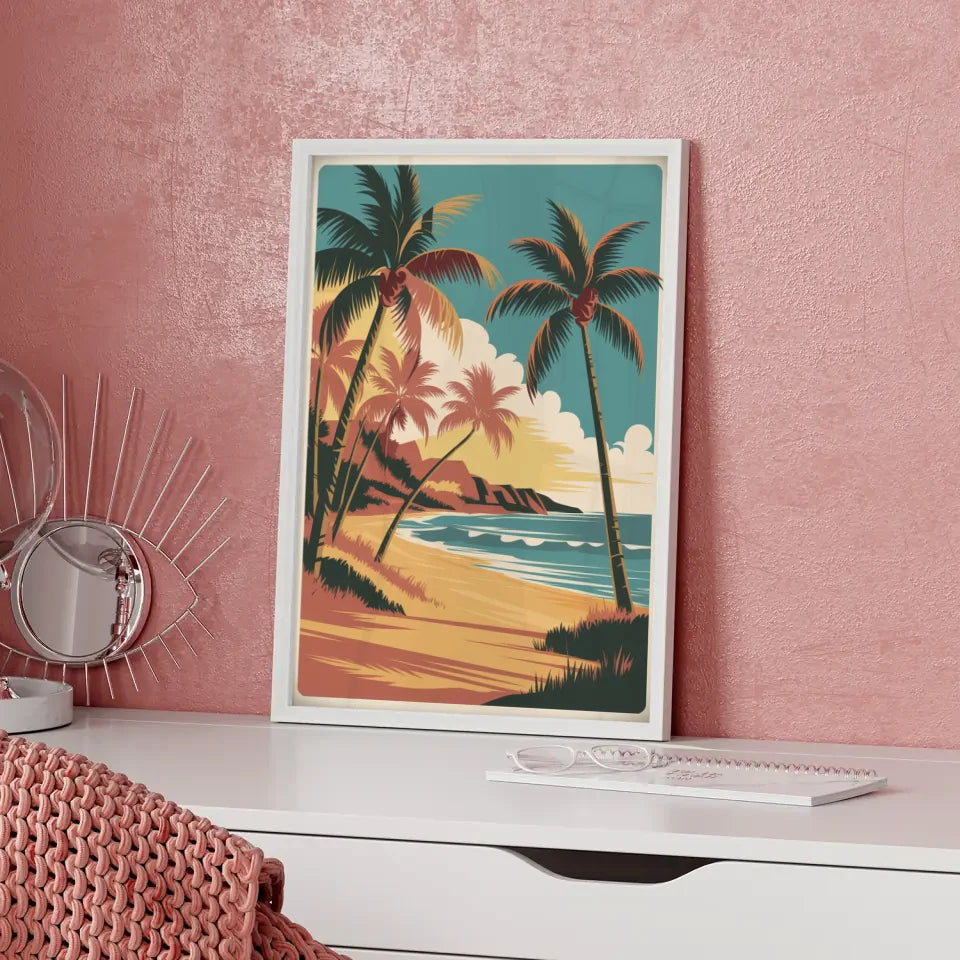 Vintage Hawaii Poster mit Retro Vektorillustration von Strand und Palmen