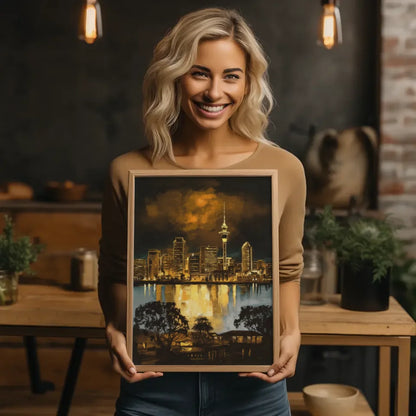 Poster Auckland Rembrandt Stil Skyline im goldenen Farbton 2