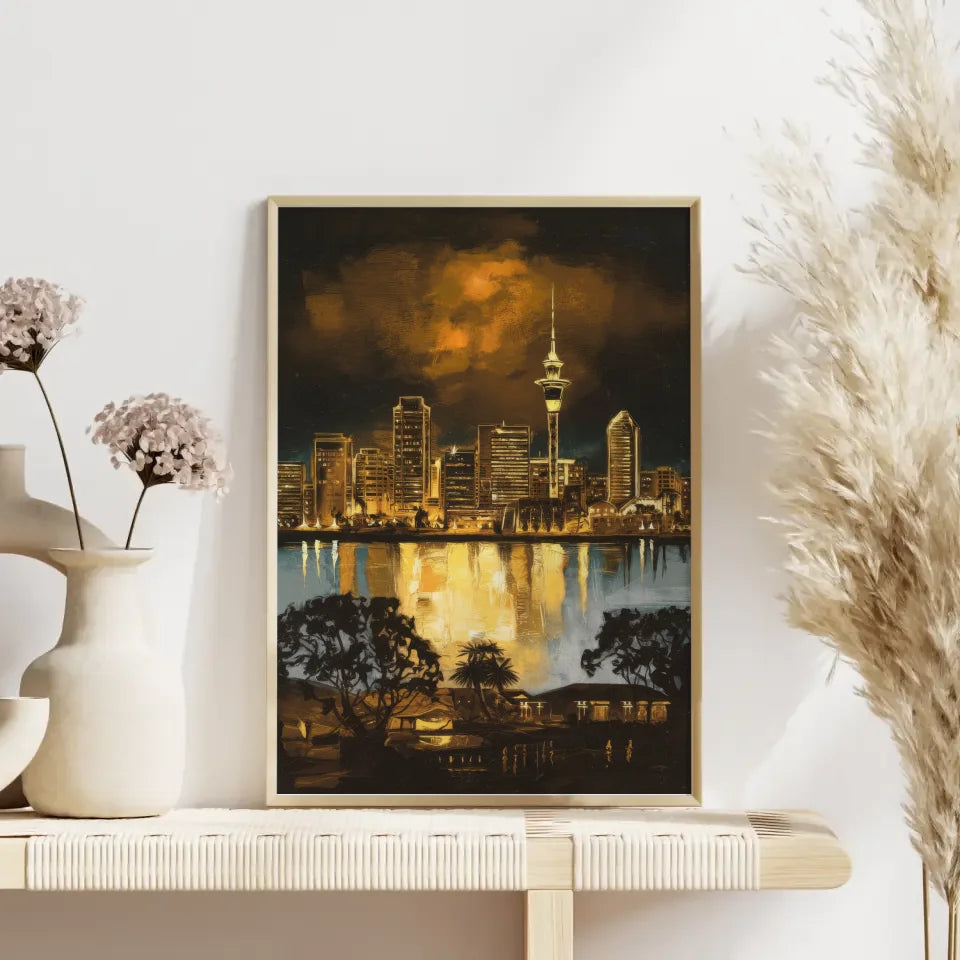 Poster Auckland Rembrandt Stil Skyline im goldenen Farbton 4
