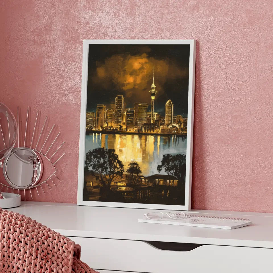 Poster Auckland Rembrandt Stil Skyline im goldenen Farbton 5