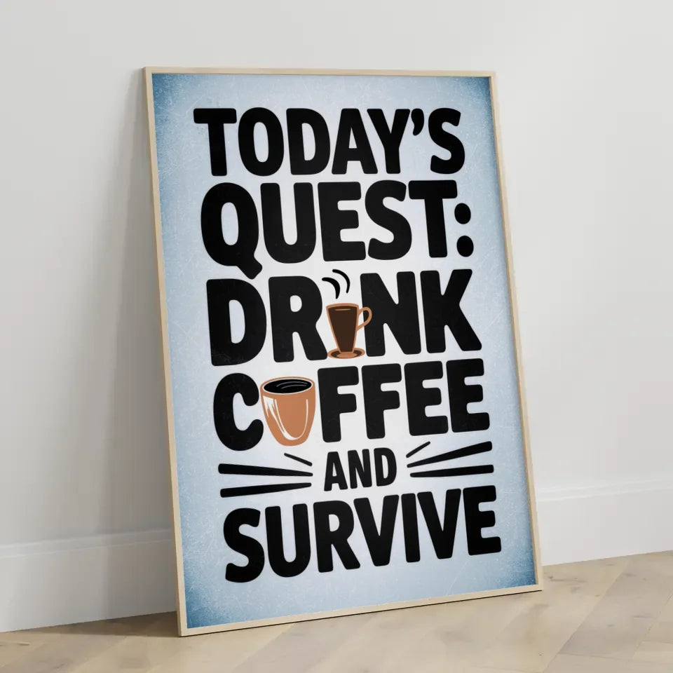 Skurriles Poster Kaffee Quest mit witziger Typografie und Farben