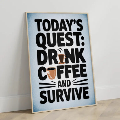 Skurriles Poster Kaffee Quest mit witziger Typografie und Farben