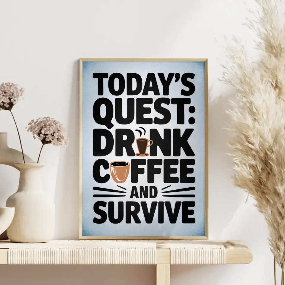 Skurriles Poster Kaffee Quest mit witziger Typografie und Farben