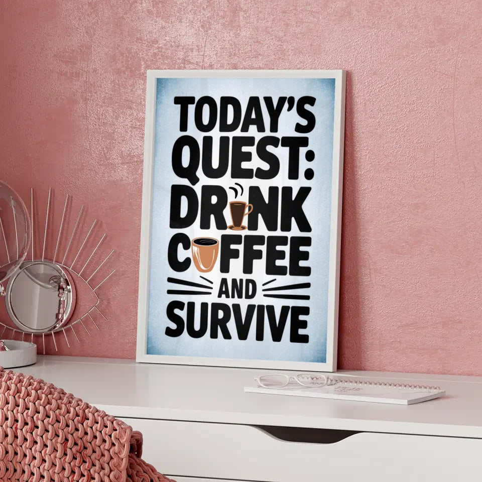 Skurriles Poster Kaffee Quest mit witziger Typografie und Farben