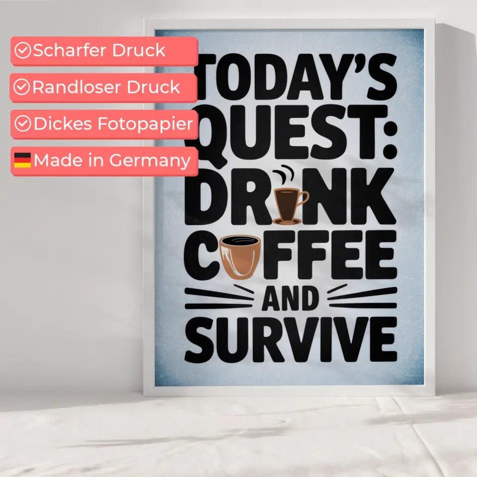 Skurriles Poster Kaffee Quest mit witziger Typografie und Farben