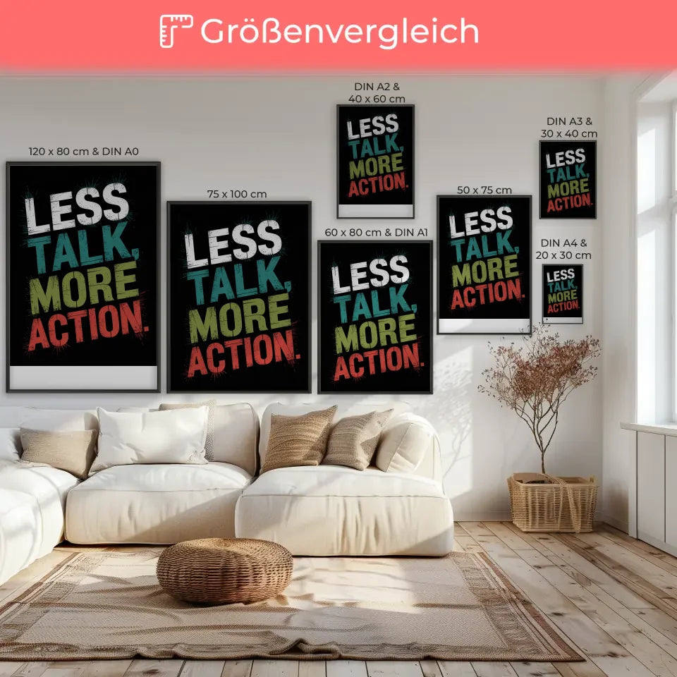 Inspirierendes Poster mit Motivationszitat Weniger reden mehr Action 7
