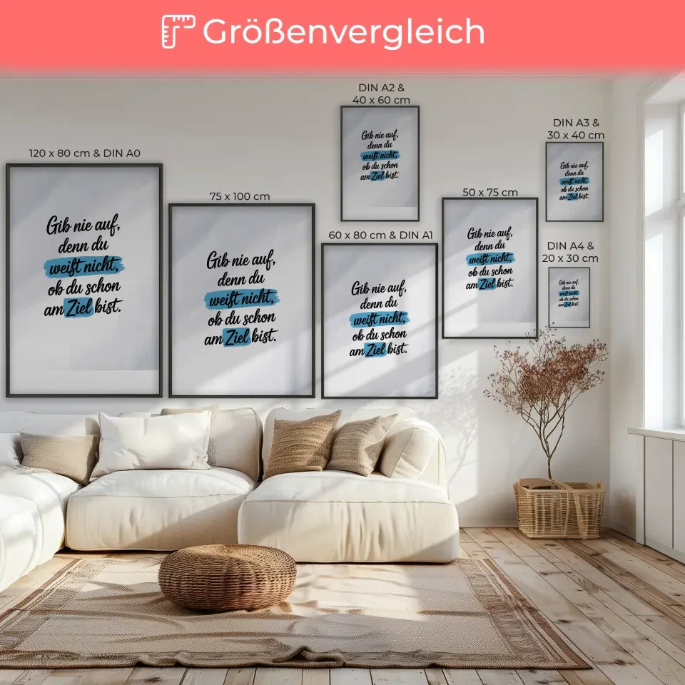 Inspirierendes Poster mit Zitat Gib nie auf in schwarz und blau 7