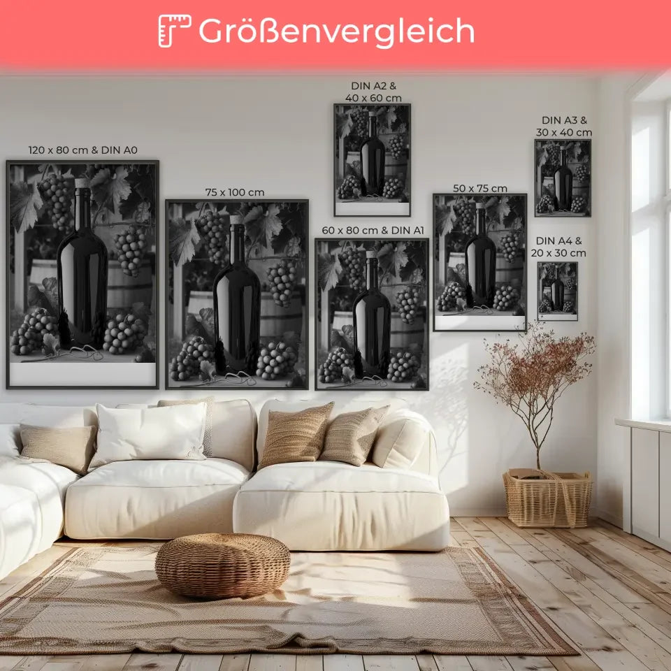 Poster Weinflasche Trauben in Schwarz-Weiß Fotografie