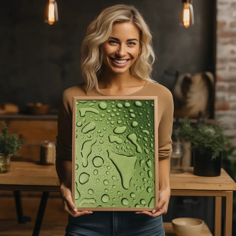 Glänzender Grünton Poster mit Wassertropfen auf glatter Oberfläche 2