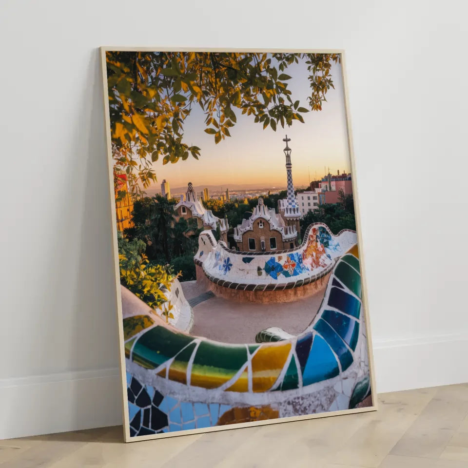 Poster Park Güell Spanien Panorama Bild zur Goldenen Stunde 3
