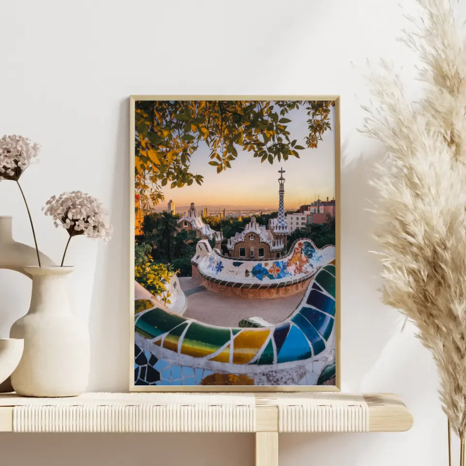 Poster Park Güell Spanien Panorama Bild zur Goldenen Stunde 4