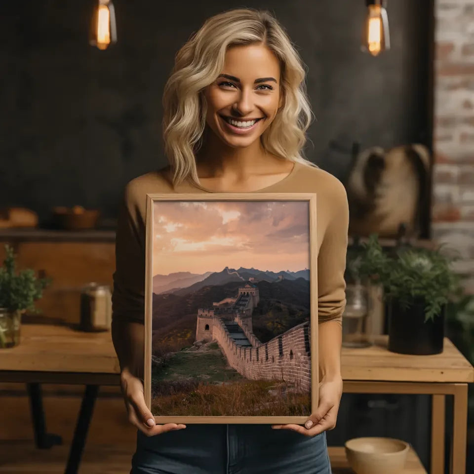 Poster Chinesische Mauer in goldener Stunde Panorama Bild 2