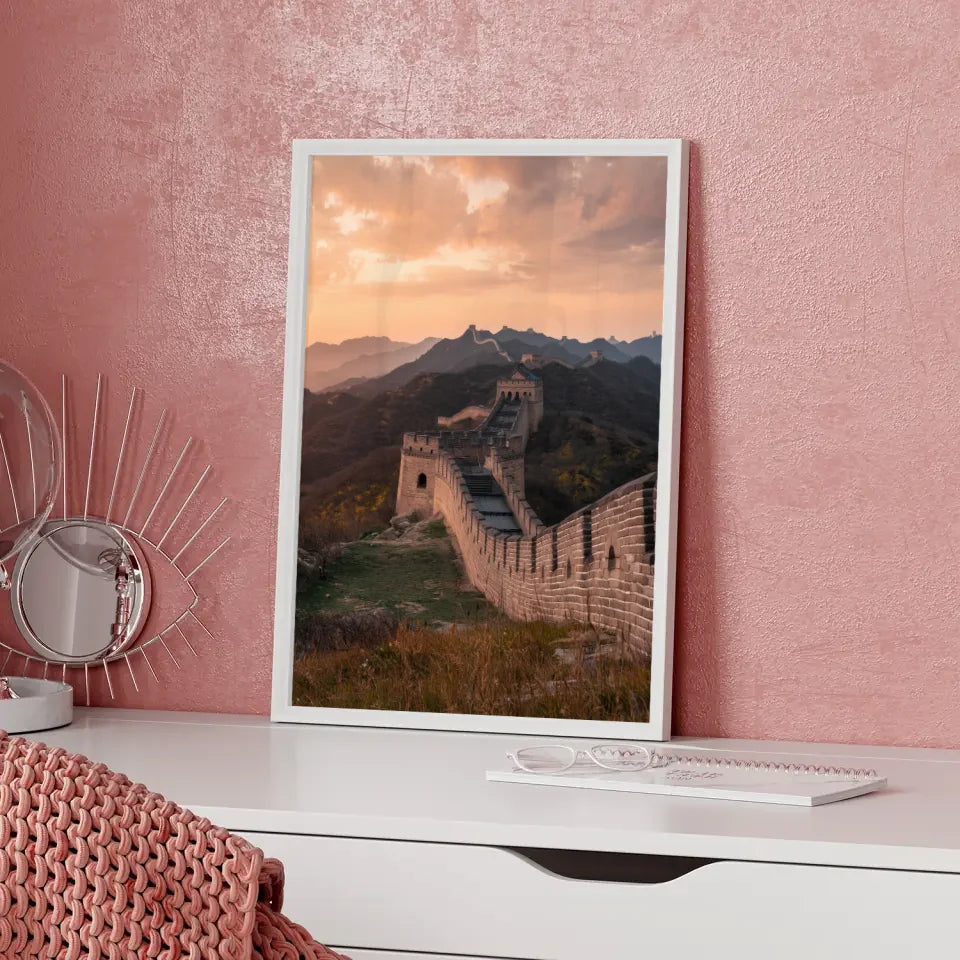 Poster Chinesische Mauer in goldener Stunde Panorama Bild 5