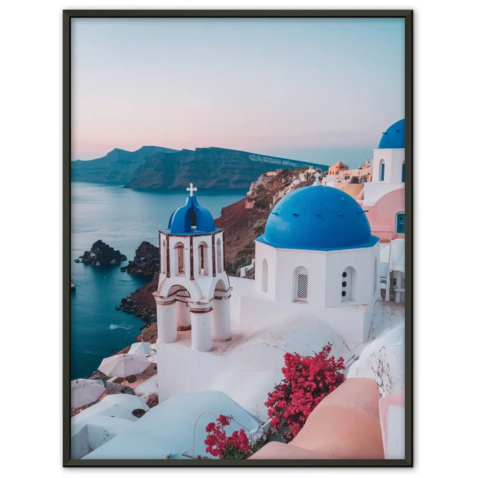 Schöner Poster Santorini mit Blau- und Weißtönen für Zuhause