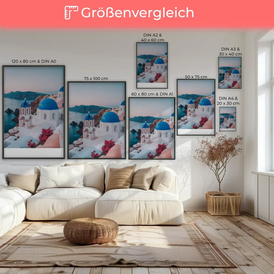 Schöner Poster Santorini mit Blau- und Weißtönen für Zuhause