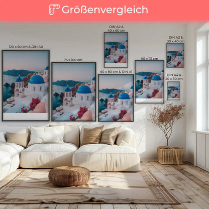 Schöner Poster Santorini mit Blau- und Weißtönen für Zuhause