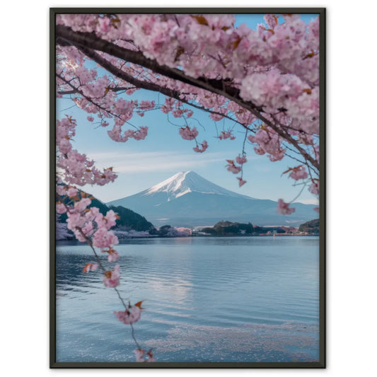 Poster Fuji Japan mit Kirschblüten im See отражать