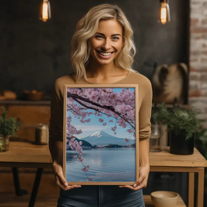 Poster Fuji Japan mit Kirschblüten im See отражать