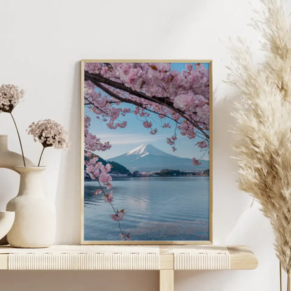 Poster Fuji Japan mit Kirschblüten im See отражать