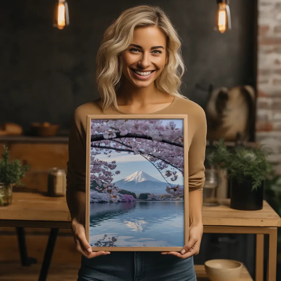 Schöner Poster mit Fuji und Kirschblüten für idyllische Wandgestaltung