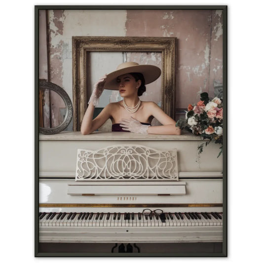 Vintage Poster mit Frau am Klavier in nostalgischer Umgebung 1