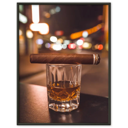 Poster Whiskyglas mit Zigarre und Stadtlichtern 1