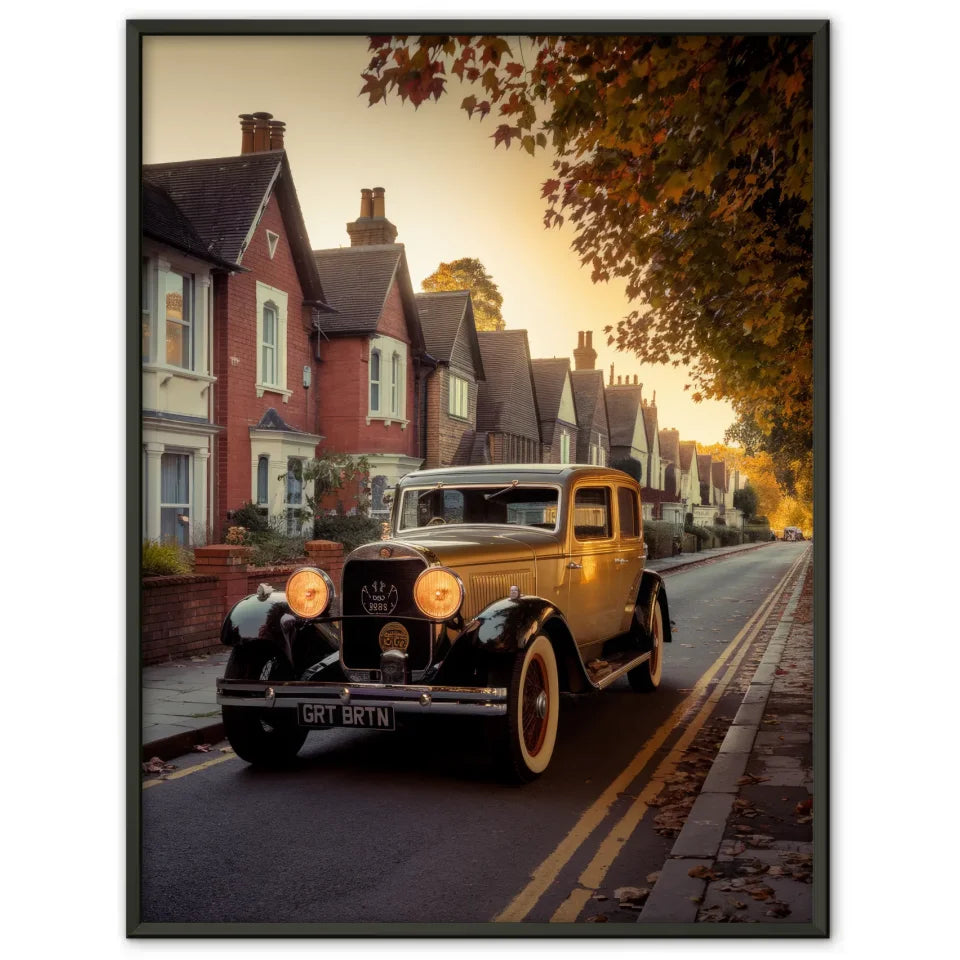 Vintage Poster Oldtimer im englischen Dorf mit Sonnenuntergang