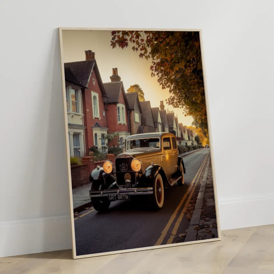 Vintage Poster Oldtimer im englischen Dorf mit Sonnenuntergang