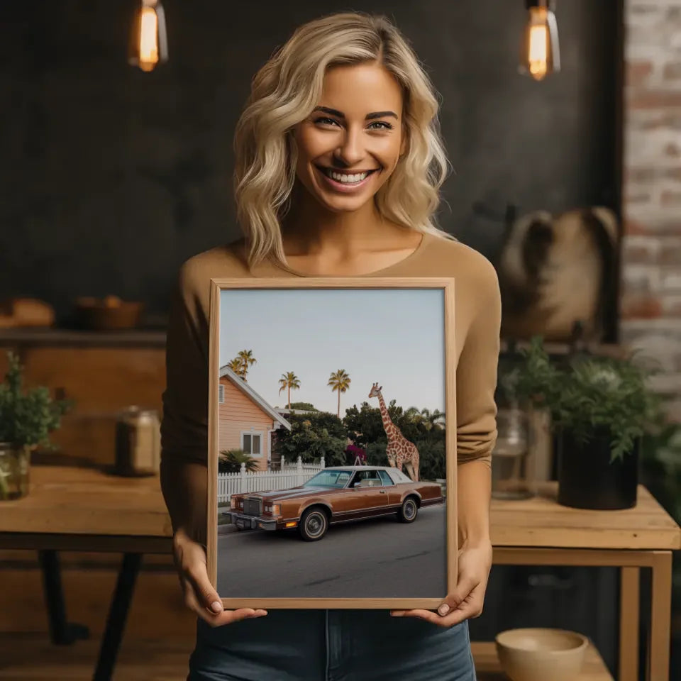 Oldtimer Poster mit Giraffe und Palmenmotiv 2