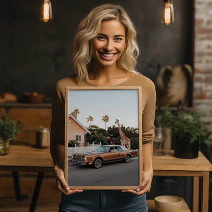Oldtimer Poster mit Giraffe und Palmenmotiv 2