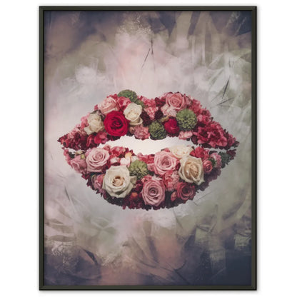 Surrealistischer Blumen Poster mit Lippen in Rosa und Grün