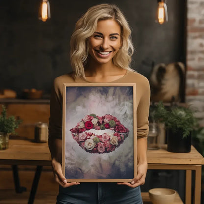 Surrealistischer Blumen Poster mit Lippen in Rosa und Grün