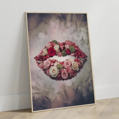 Surrealistischer Blumen Poster mit Lippen in Rosa und Grün