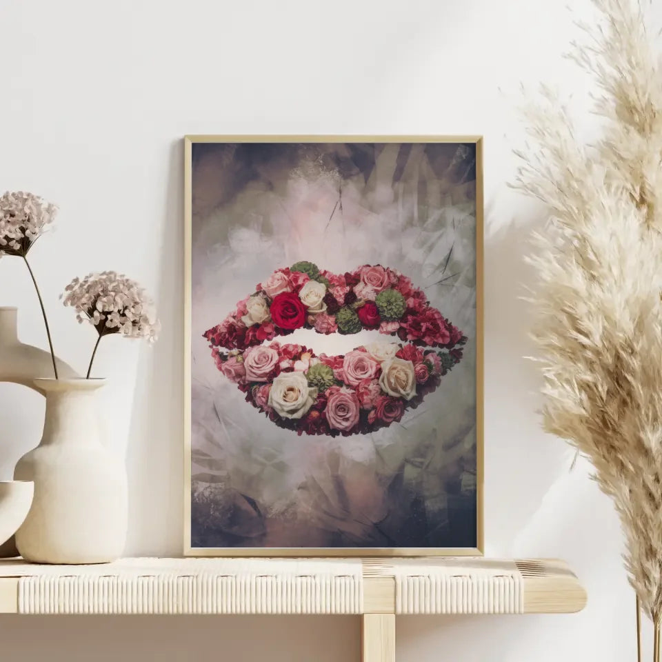 Surrealistischer Blumen Poster mit Lippen in Rosa und Grün