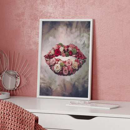 Surrealistischer Blumen Poster mit Lippen in Rosa und Grün