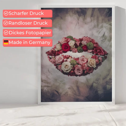 Surrealistischer Blumen Poster mit Lippen in Rosa und Grün