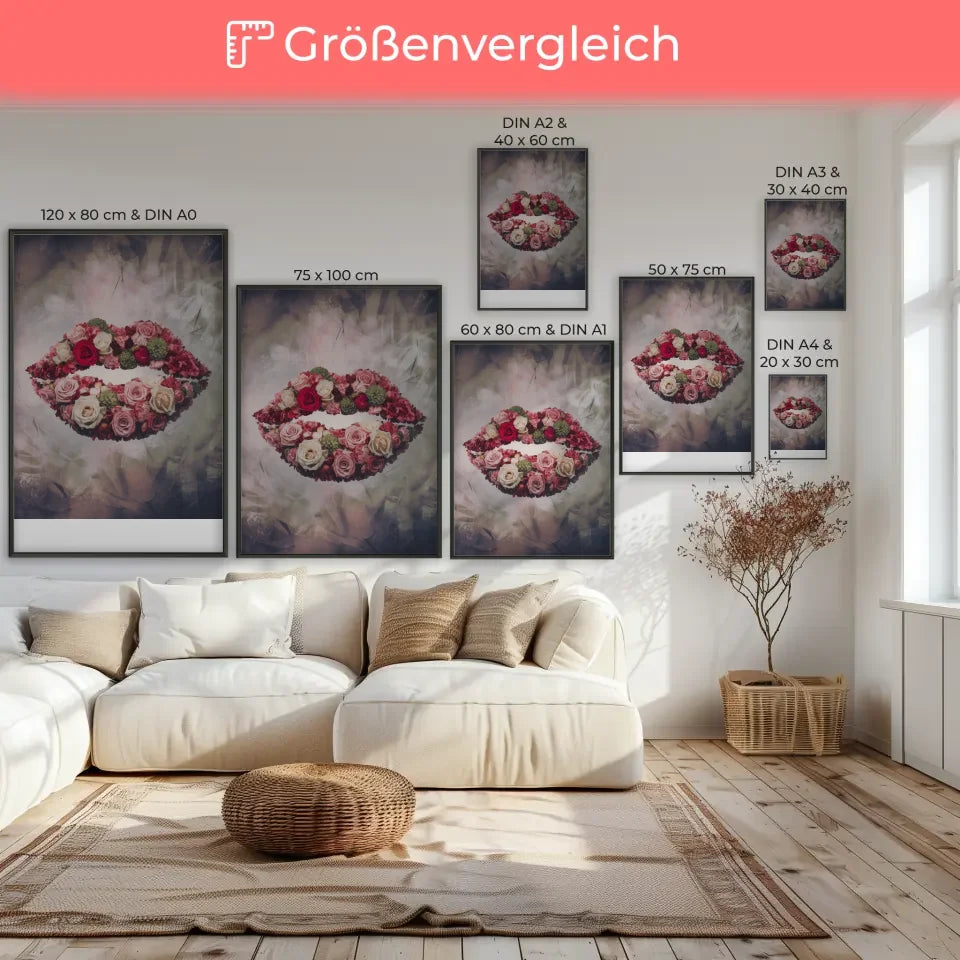 Surrealistischer Blumen Poster mit Lippen in Rosa und Grün