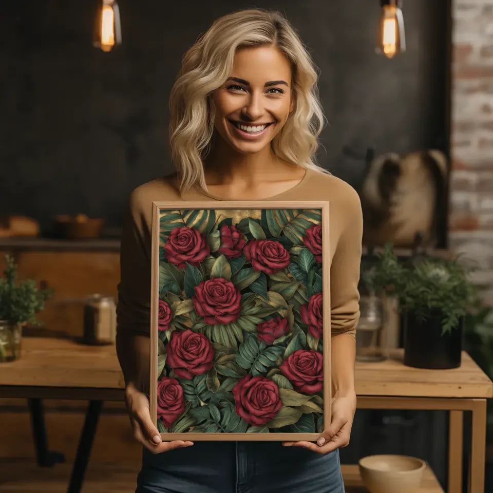 Künstlerisches Poster mit rubinroten Rosenmuster 2