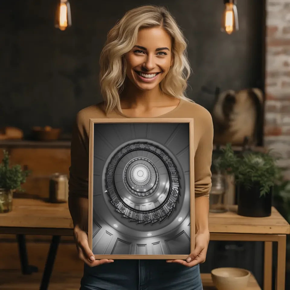 Elegantes Poster Wendeltreppe mit Blumenmuster und Lichtreflexionen 2