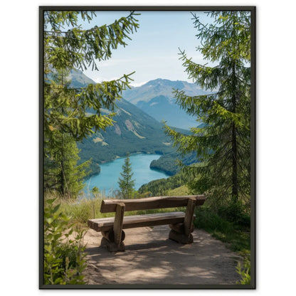 Poster Naturlandschaft mit Holzbank und türkisfarbenem See