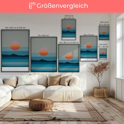 Poster ruhige Landschaft mit Farbverlauf Sonne und Berge