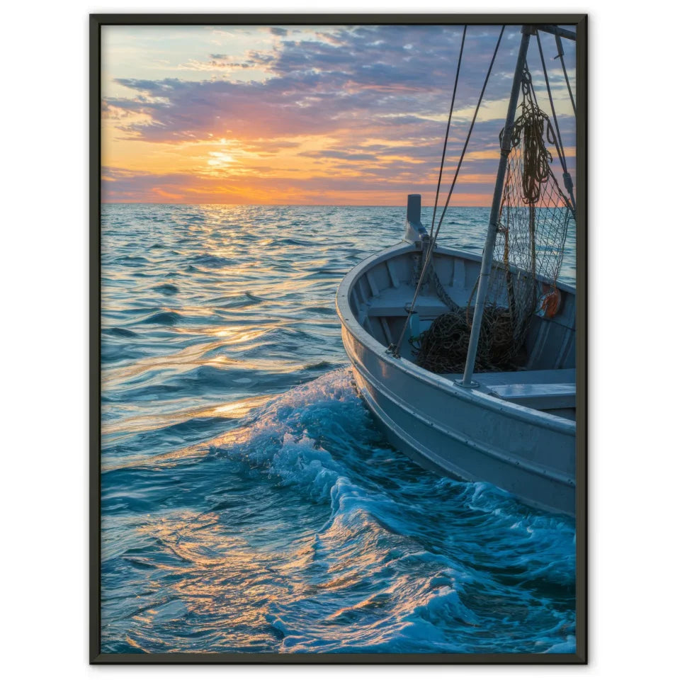 Poster Fischerboot im impressionistischen Stil mit Sonnenuntergang