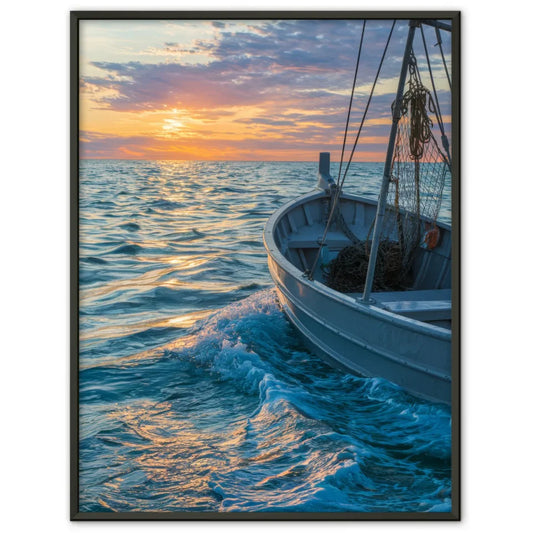 Poster Fischerboot im impressionistischen Stil mit Sonnenuntergang