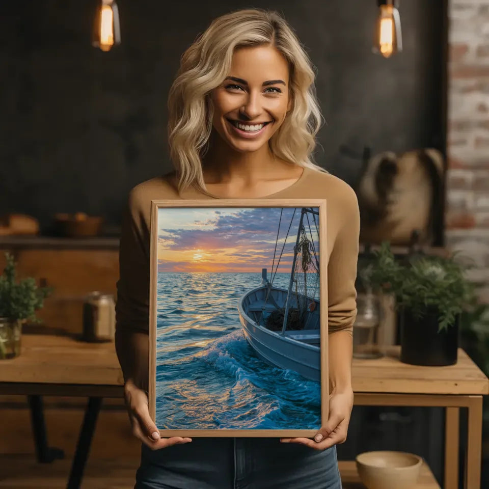 Poster Fischerboot im impressionistischen Stil mit Sonnenuntergang