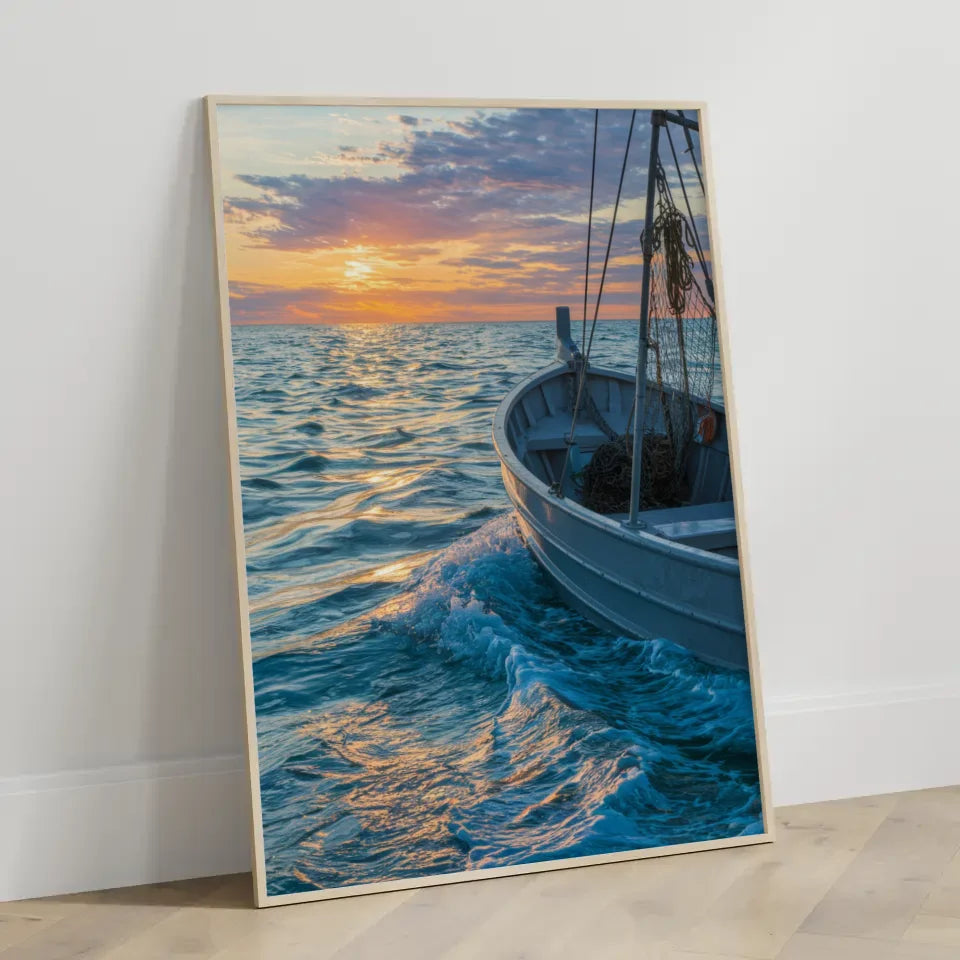 Poster Fischerboot im impressionistischen Stil mit Sonnenuntergang