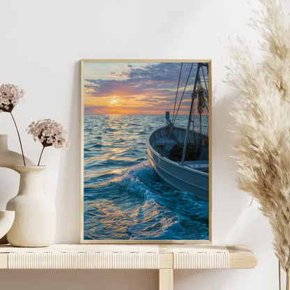 Poster Fischerboot im impressionistischen Stil mit Sonnenuntergang