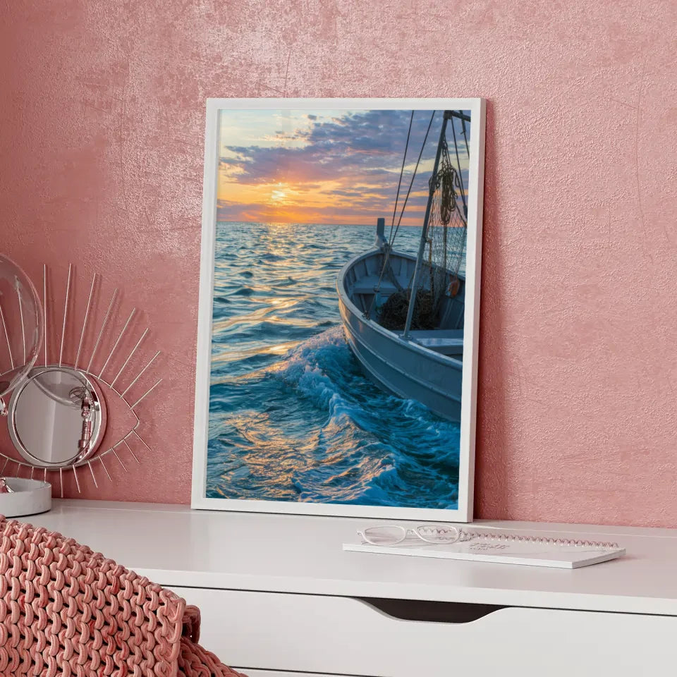 Poster Fischerboot im impressionistischen Stil mit Sonnenuntergang