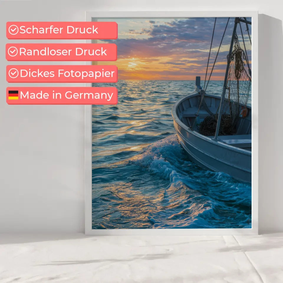 Poster Fischerboot im impressionistischen Stil mit Sonnenuntergang