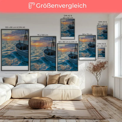 Poster Fischerboot im impressionistischen Stil mit Sonnenuntergang